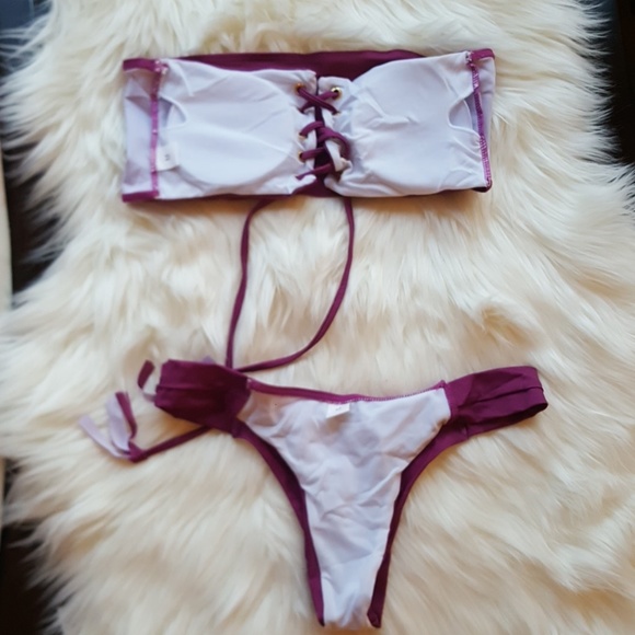 Red wine Bandeau lace up bikini set - Picture 5 of 7